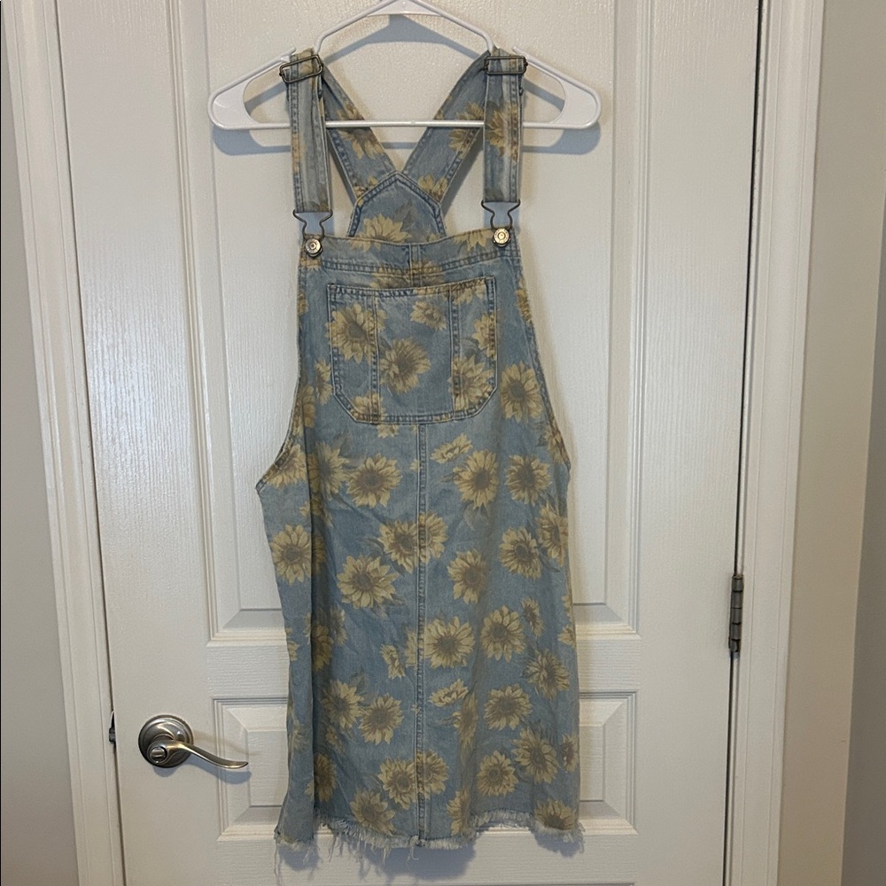 American Eagle Outfitters Light Blue Denim Sunflower Overall Midi Dress